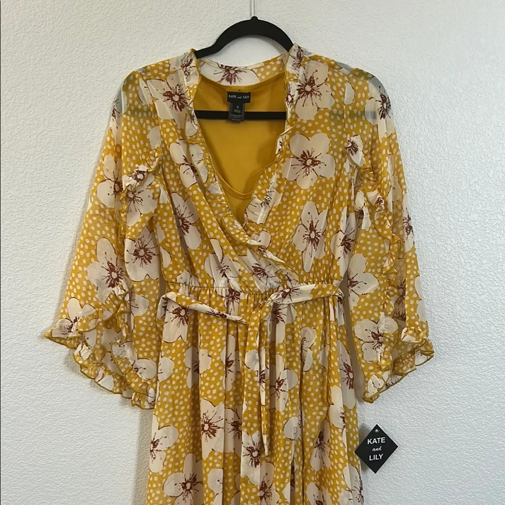 Floral Yellow Wrap Dress - Picture 3 of 6